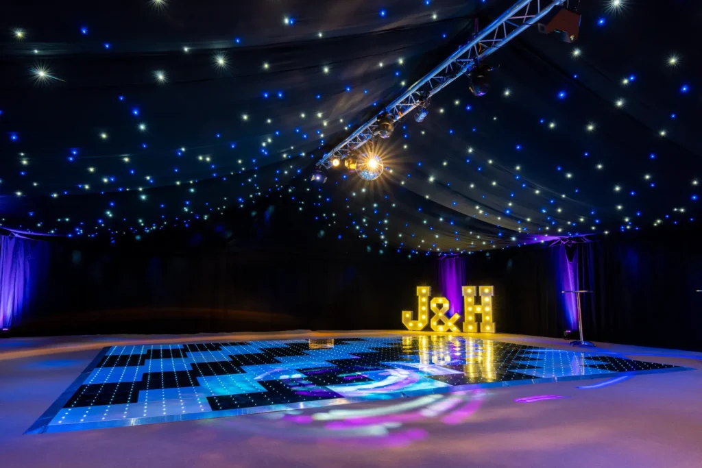 Close-up of an illuminated dance floor in a stylish event setting.